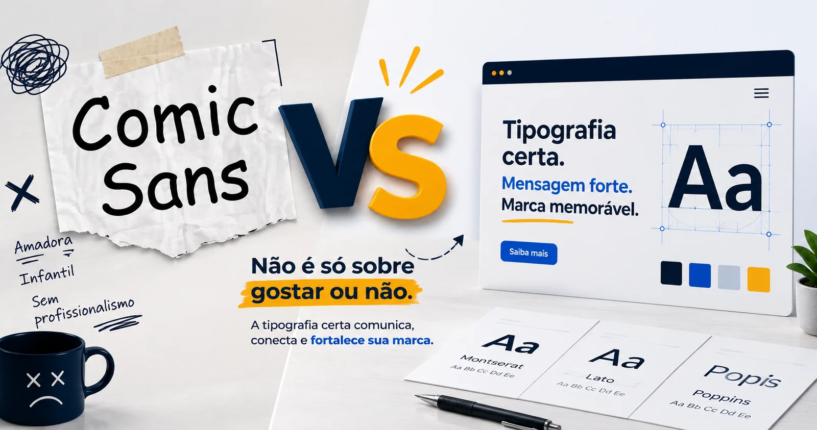 Exemplo visual de tipografia Comic Sans destacando o debate sobre seu uso em marcas e projetos de design.