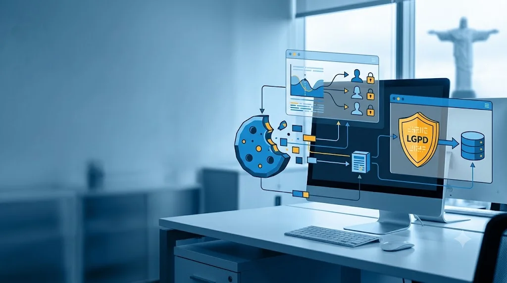 Monitor em escritório no Rio com vetores de um cookie digital conectado a gráficos e escudo da LGPD em azul e amarelo.