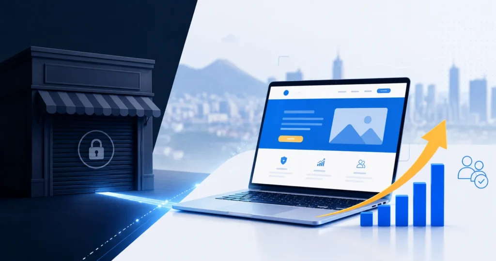 Empresa com loja física fechada ao lado de um site profissional em um notebook, representando a importância da presença digital para conquistar clientes.