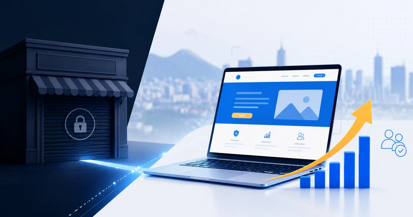 Empresa com loja física fechada ao lado de um site profissional em um notebook, representando a importância da presença digital para conquistar clientes.