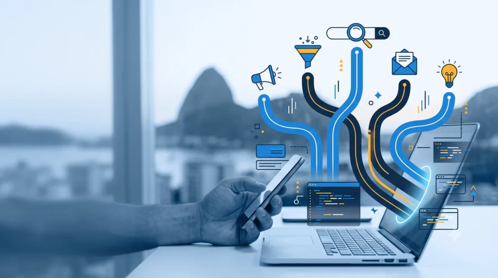 Laptop e celular com ícones vetoriais de marketing fluindo da tela, ilustrando estratégias de marketing online.
