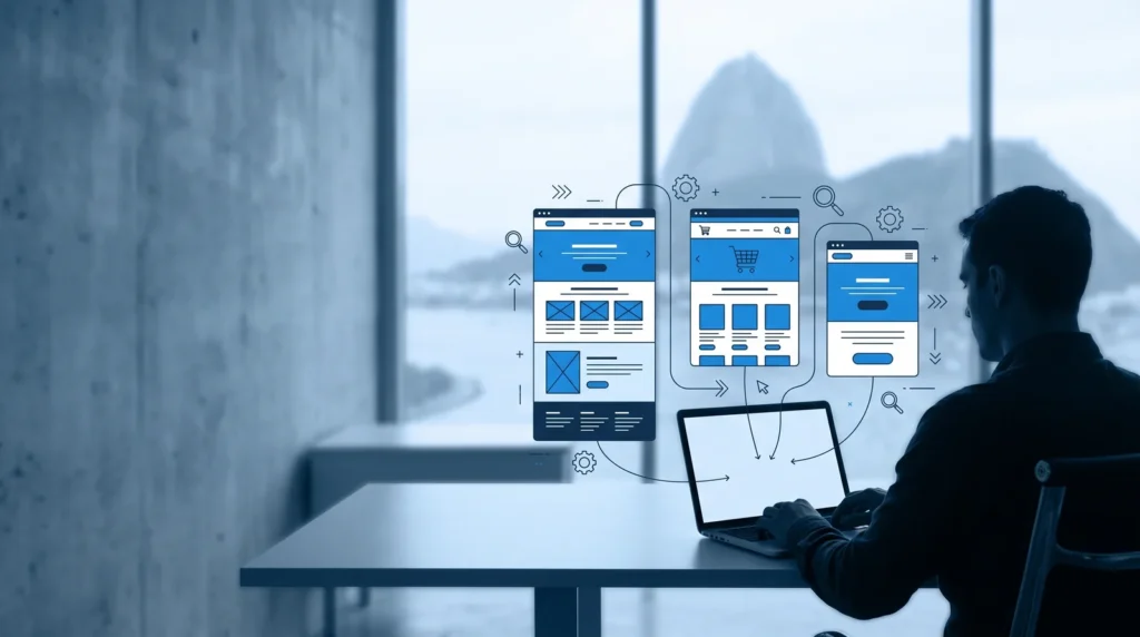 Empreendedor de costas usando laptop com painéis vetoriais flutuantes de inteligência artificial e vista para o Rio.