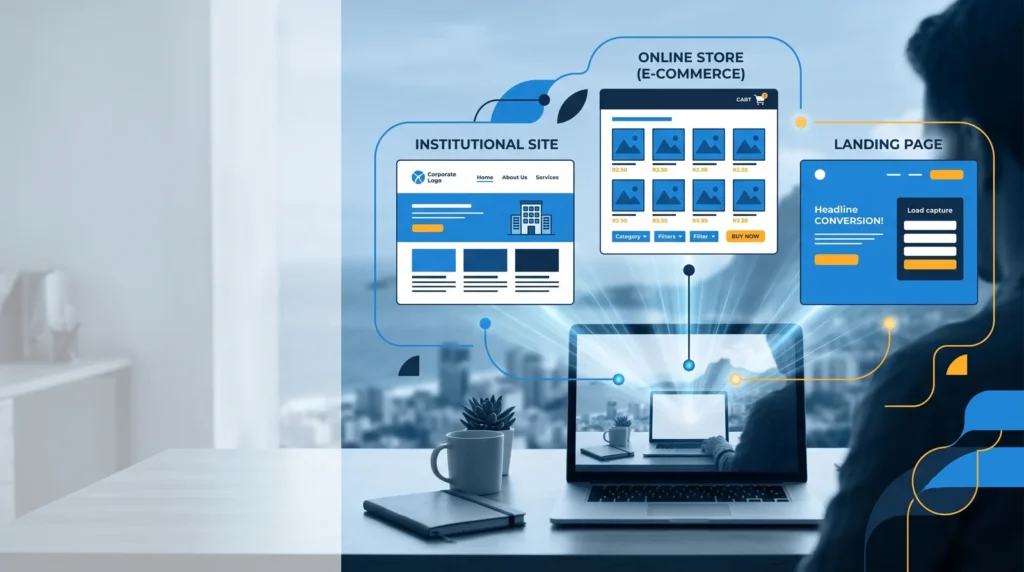 Três diagramas vetoriais flutuando sobre um laptop em um escritório: um site institucional, uma loja virtual e uma landing page.