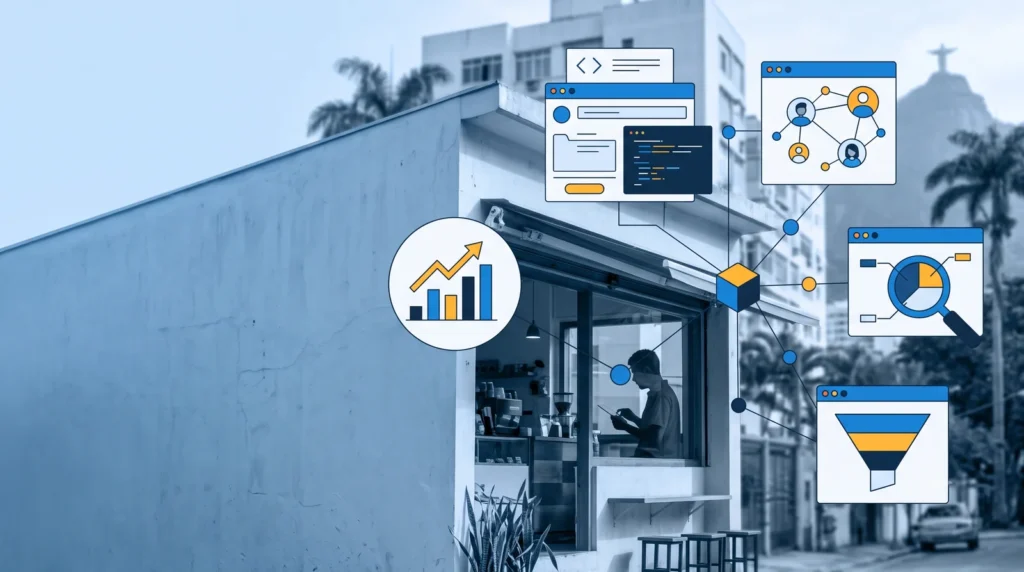 Negócio local no Rio com rede de ícones vetoriais de marketing digital em azul e laranja, simbolizando crescimento e alcance.