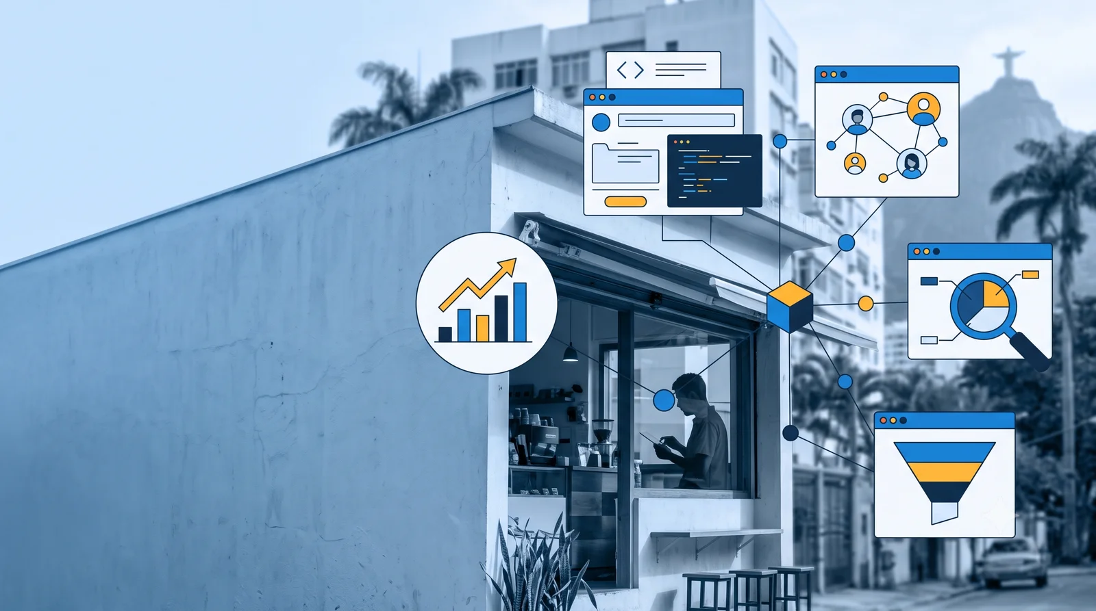 Negócio local no Rio com rede de ícones vetoriais de marketing digital em azul e laranja, simbolizando crescimento e alcance.