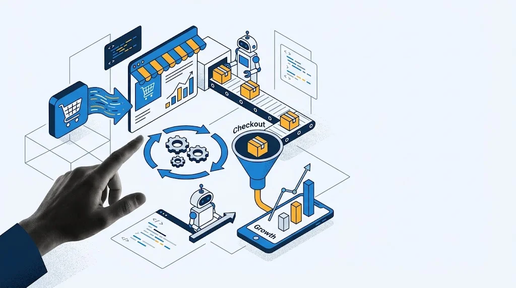 Mão real interagindo com ilustrações vetoriais de esteira, robô e funil de automação em loja virtual.