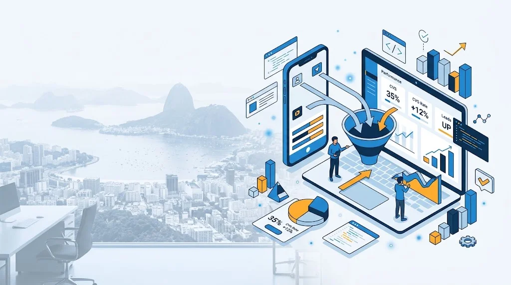 Laptop e celular com funil de vendas e gráficos vetoriais sobrepostos a escritório com vista para o Rio.