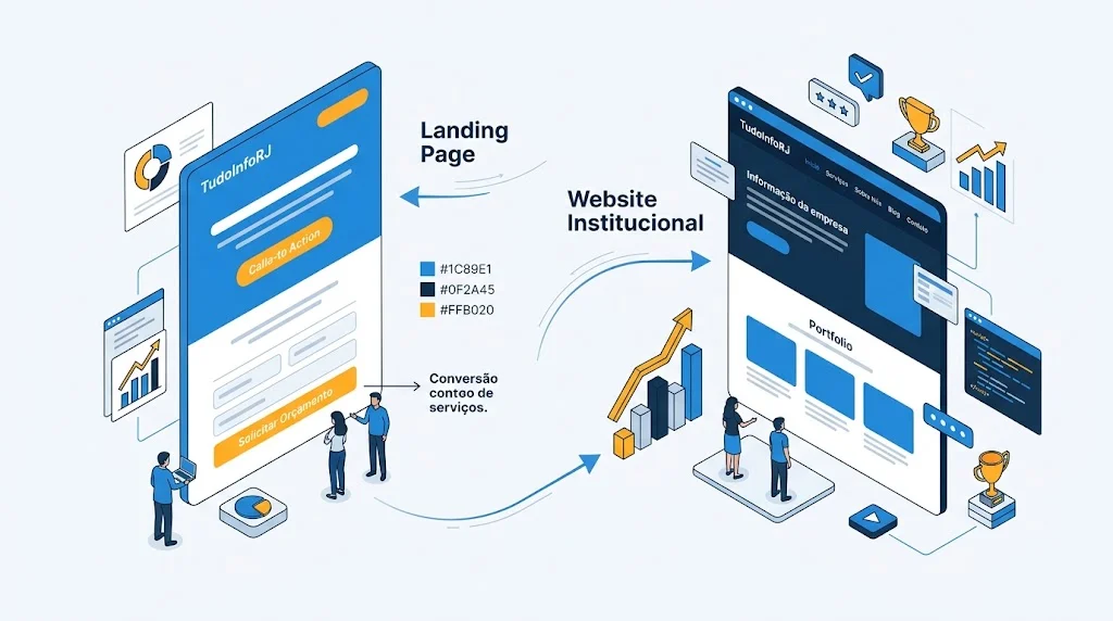 Ilustração isométrica comparando interface de landing page focada em conversão com site institucional completo.